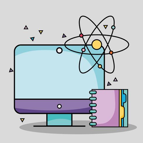 computador de tela com utensílios de escola notebook e átomo vetor