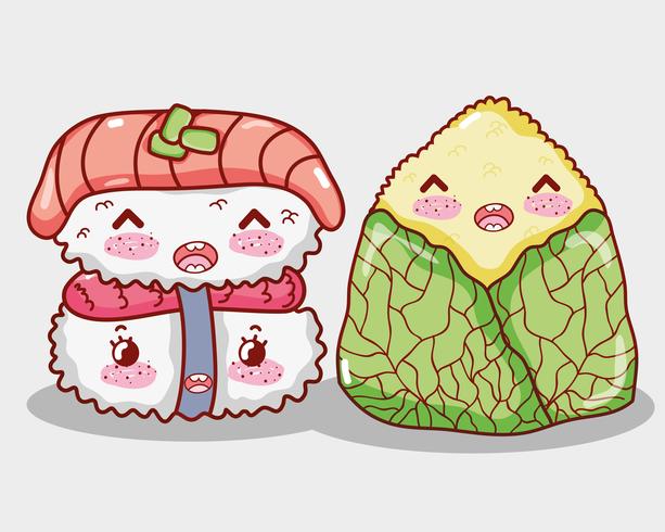 Desenhos animados bonitos do kawaii da comida asiática vetor