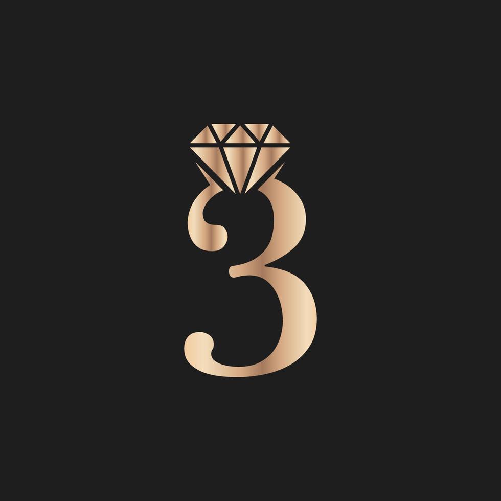 luxo número dourado 3 com símbolo de diamante. inspiração de design de logotipo de diamante premium vetor