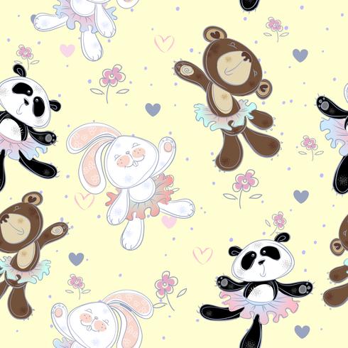 Padrão sem emenda com animais fofos. O coelhinho, o urso e o panda. Bailarinas, Vector