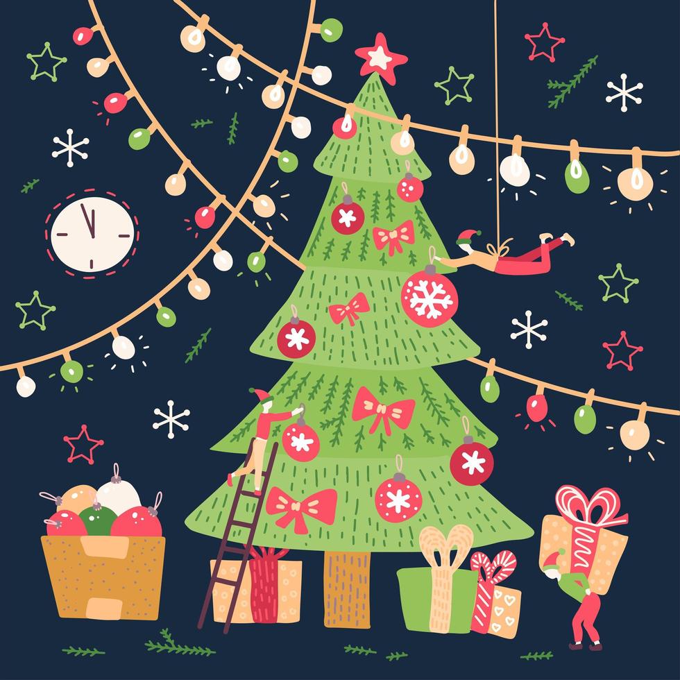 personagens de pessoas pequenas decorando a grande árvore de natal. decoração de ano novo. fantasia pessoas pequenas no mundo de férias gigante. ilustração em vetor plana dos desenhos animados mão desenhada.