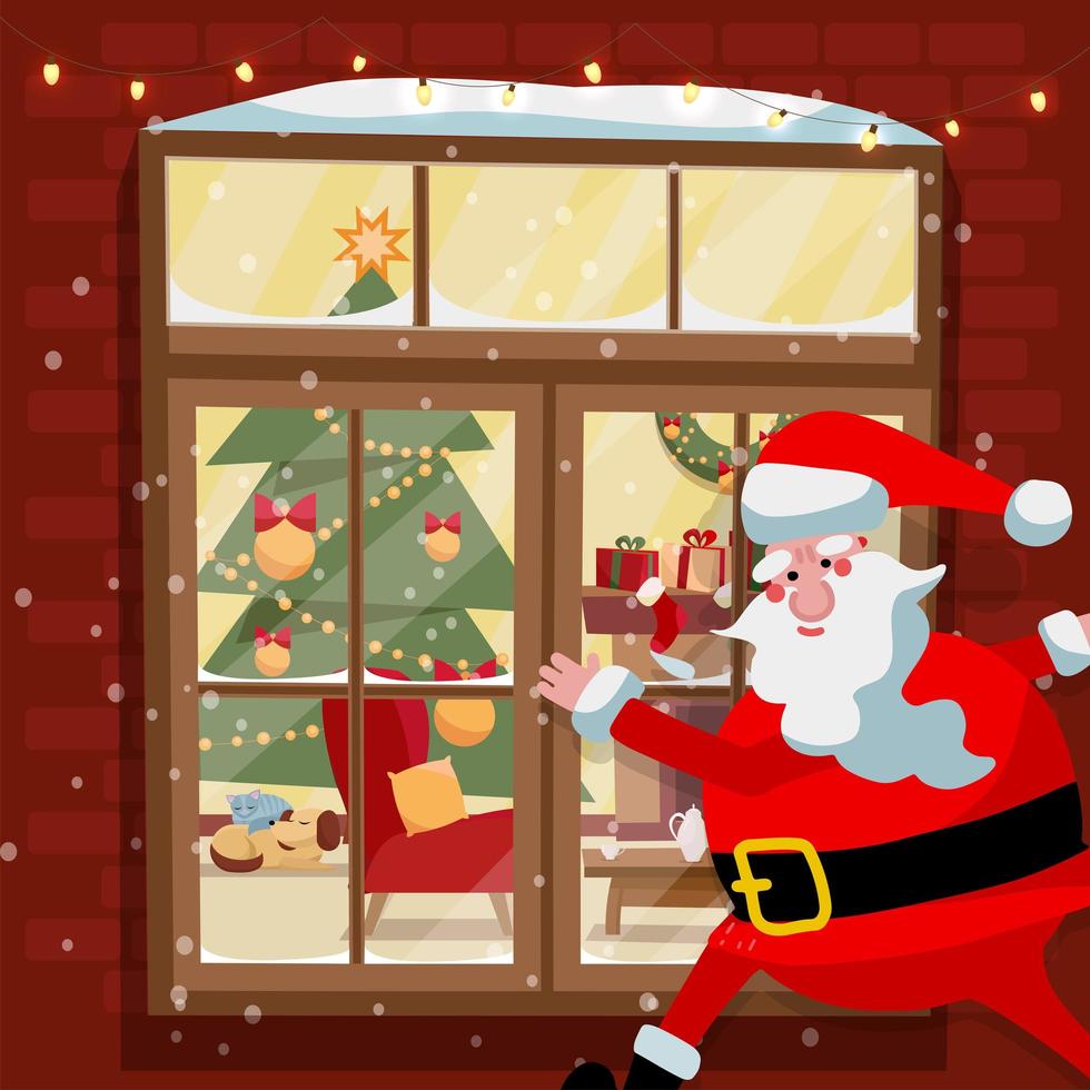 papai noel olhando por uma janela em um quarto decorado na noite de neve antes do natal. Papai Noel do lado de fora olha pela janela amarela. ilustração vetorial em estilo cartoon. vetor