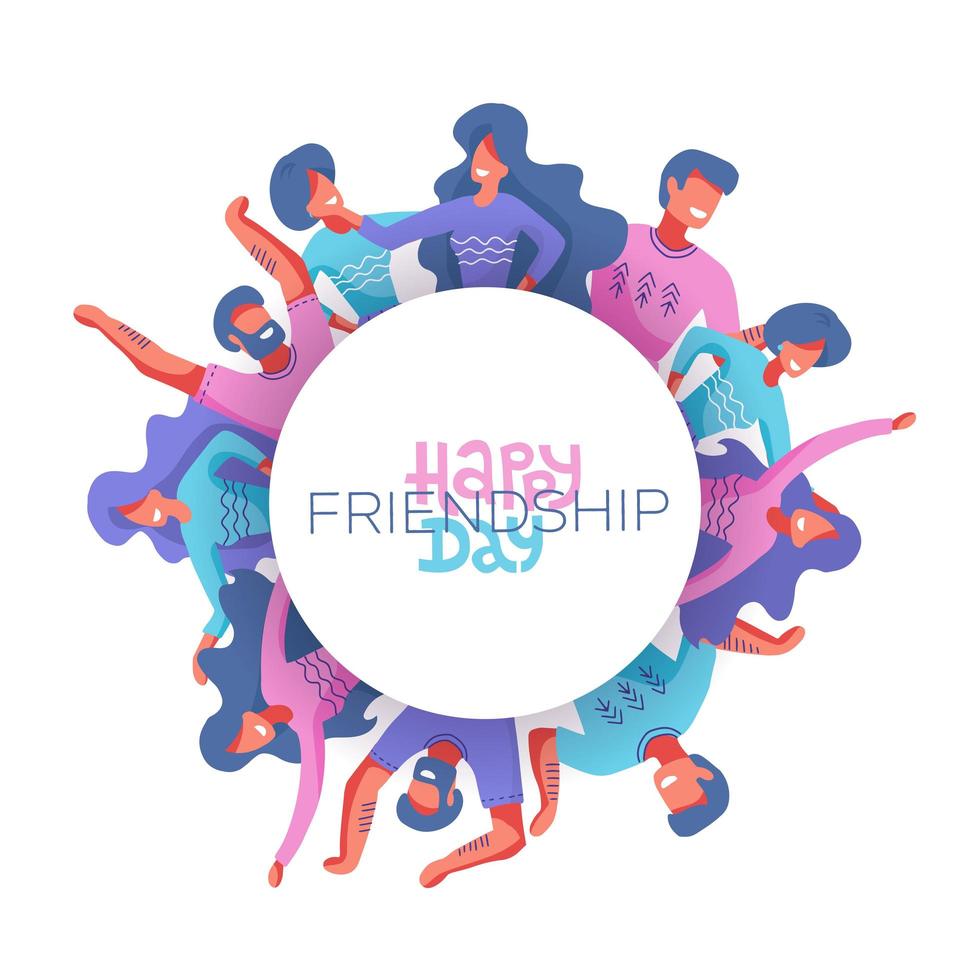 círculo de avatares de amigos de diferentes gêneros como símbolo do dia internacional da amizade. feliz dia da amizade cartão. pessoas se abraçando e sorrindo. ilustração isolada plana desenhada à mão moderna vetor