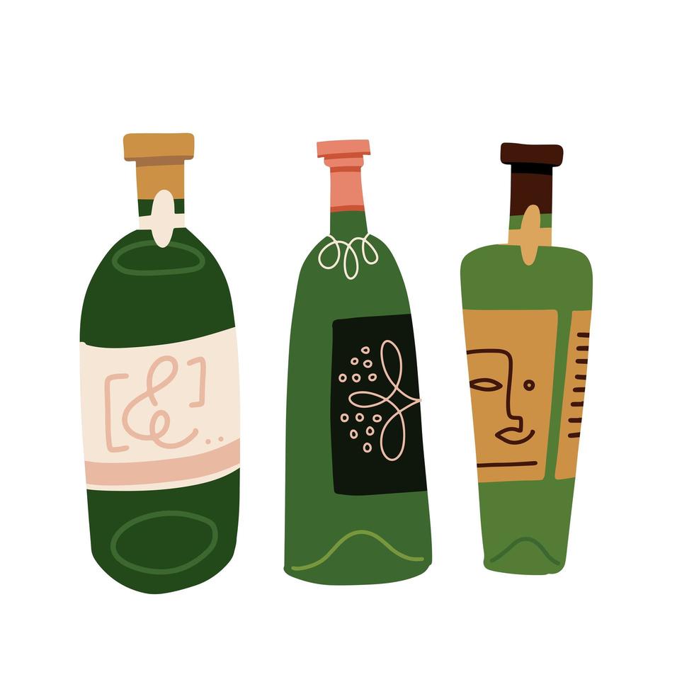 várias garrafas de vinho em estilo abstrato moderno único. ilustração vetorial plana mão desenhada para design de menu e cartazes. todos os elementos são isolados. vetor