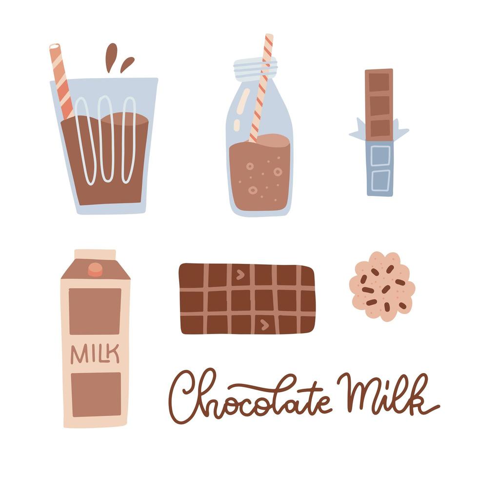 conjunto de chocolate ao leite, em garrafa de vidro, caixa de cartão, copo de leite com choko bar e biscoito. ilustração vetorial desenhada de mão plana isolada. vetor