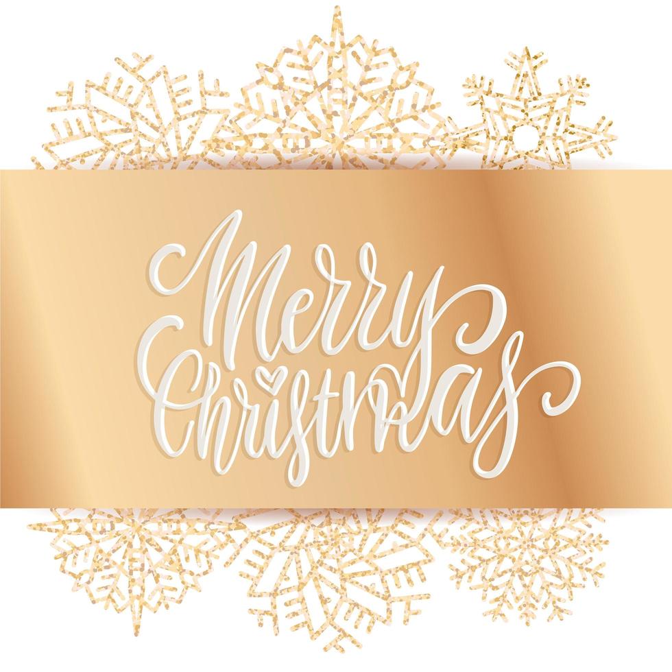 arco dourado largo com texto de letras de feliz natal. modelo de design de cartaz de festa de natal. luxo brilhando flocos de neve dourados espreitando por baixo da fita. ilustração vetorial de cartão de saudação vetor