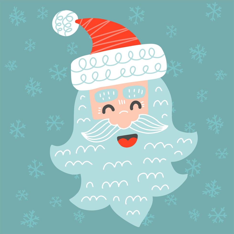 bonito cartão de feliz natal com papai noel em ilustração vetorial de estilo escandinavo infantil. cartão de feliz natal com cara engraçada de papai noel vetor