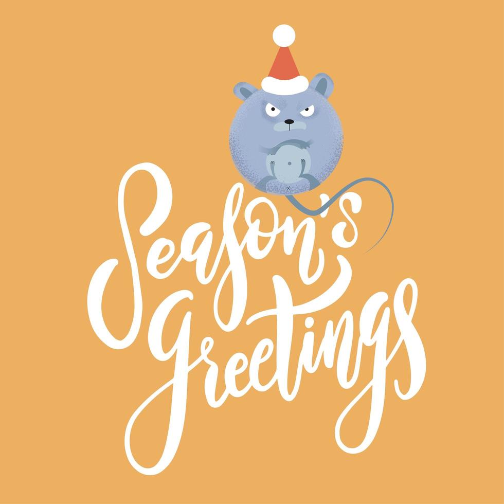 ano novo e fundo de natal com rato - símbolo do ano. ilustração simples de mouse redondo para o cartão com saudações da temporada de texto de férias vetor