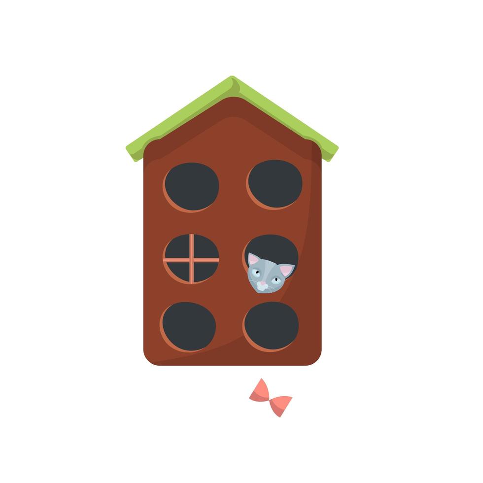 casa de gato com telhado, gato cinza dentro e com brinquedo. ilustração de personagem de vetor de estilo cartoon plana sobre fundo whita.