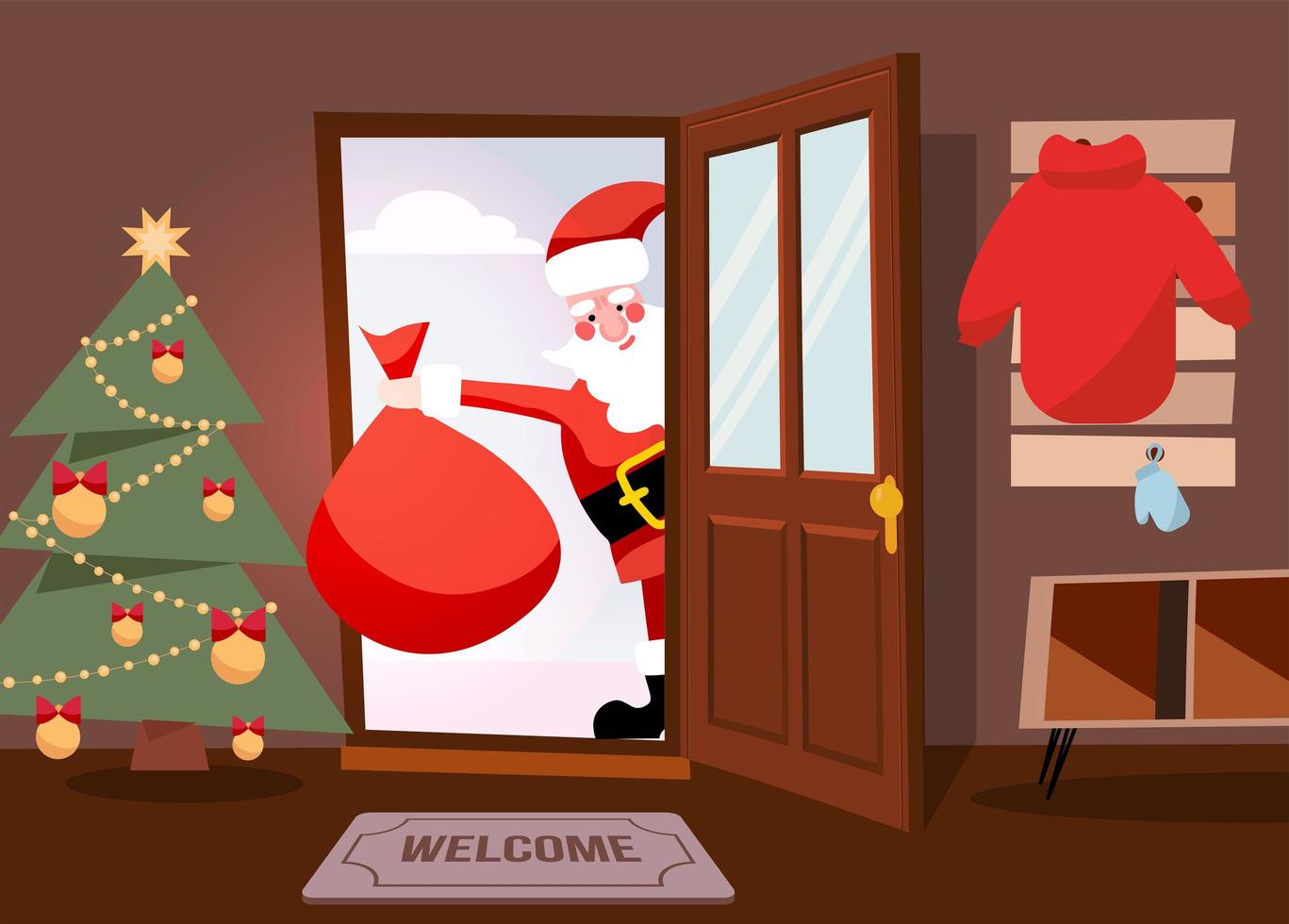 papai noel olhando pela porta e voltando para casa com saco de presente vermelho. feliz natal ilustração plana dos desenhos animados de vetor. papai noel entra na porta do corredor. vetor