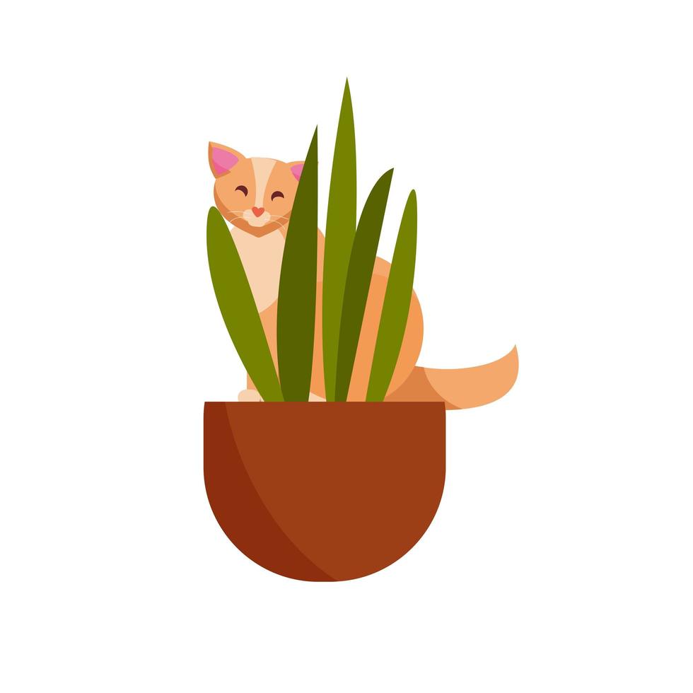 personagem de cor de vetor plana de gato culpado. gato brincalhão travesso bonito come, danifica houseplats. gatinho brincar com plantas da casa, vasos de flores. bonito em brincar com ilustrações de desenhos animados flowers.isolated em casa.