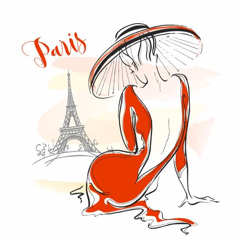 Menina elegante em um chapéu em Paris. Modelo elegante. Vetor