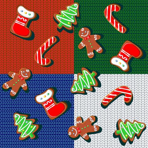 Padrão sem emenda Biscoitos de gengibre de Natal em um fundo de malha. Cobertor de lã xadrez. Patchwork Deleite de Natal. Fundo festivo. Vetor. vetor