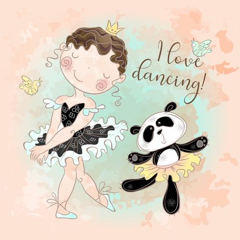 Pequena bailarina dançando com bailarina de panda. Eu amo dançar. Inscrição. Vetor