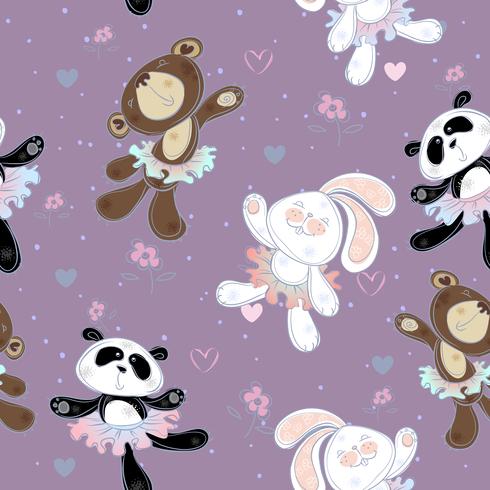 Padrão sem emenda com animais fofos. O coelhinho, o urso e o panda. Bailarinas, Vector