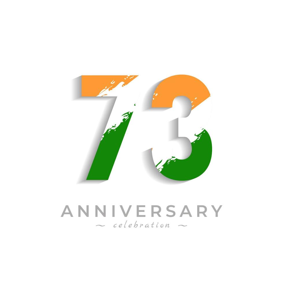 Celebração de aniversário de 73 anos com pincel branco barra em açafrão amarelo e cor verde da bandeira indiana. saudação de feliz aniversário celebra evento isolado no fundo branco vetor