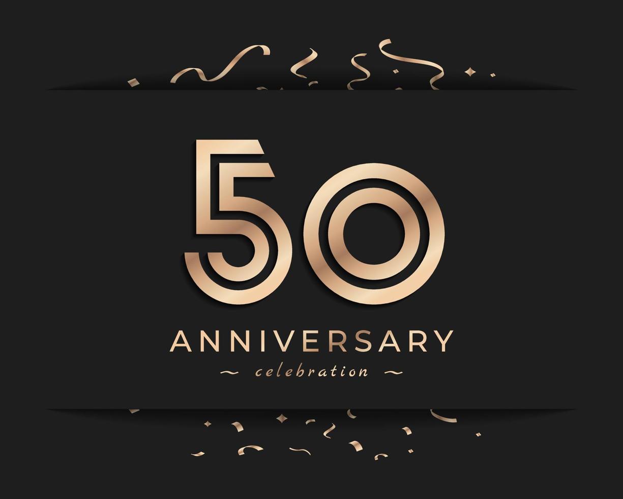 Design de estilo de logotipo de comemoração de aniversário de 50 anos. saudação de feliz aniversário celebra evento com linha múltipla dourada e confetes isolados na ilustração de design de fundo escuro vetor