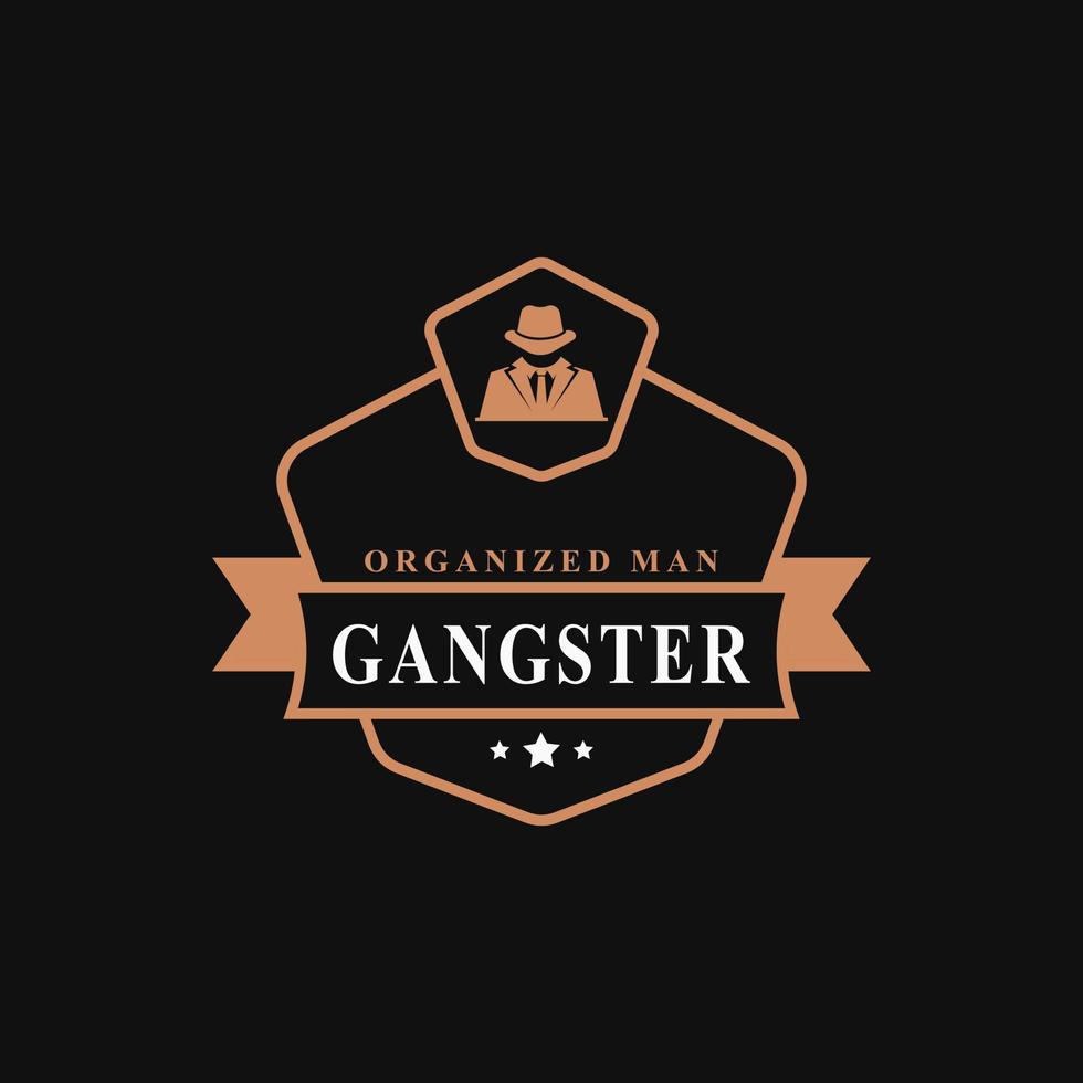 distintivo retrô vintage para gangsters e mafiosos em símbolo de design de emblema de logotipo de terno preto vetor