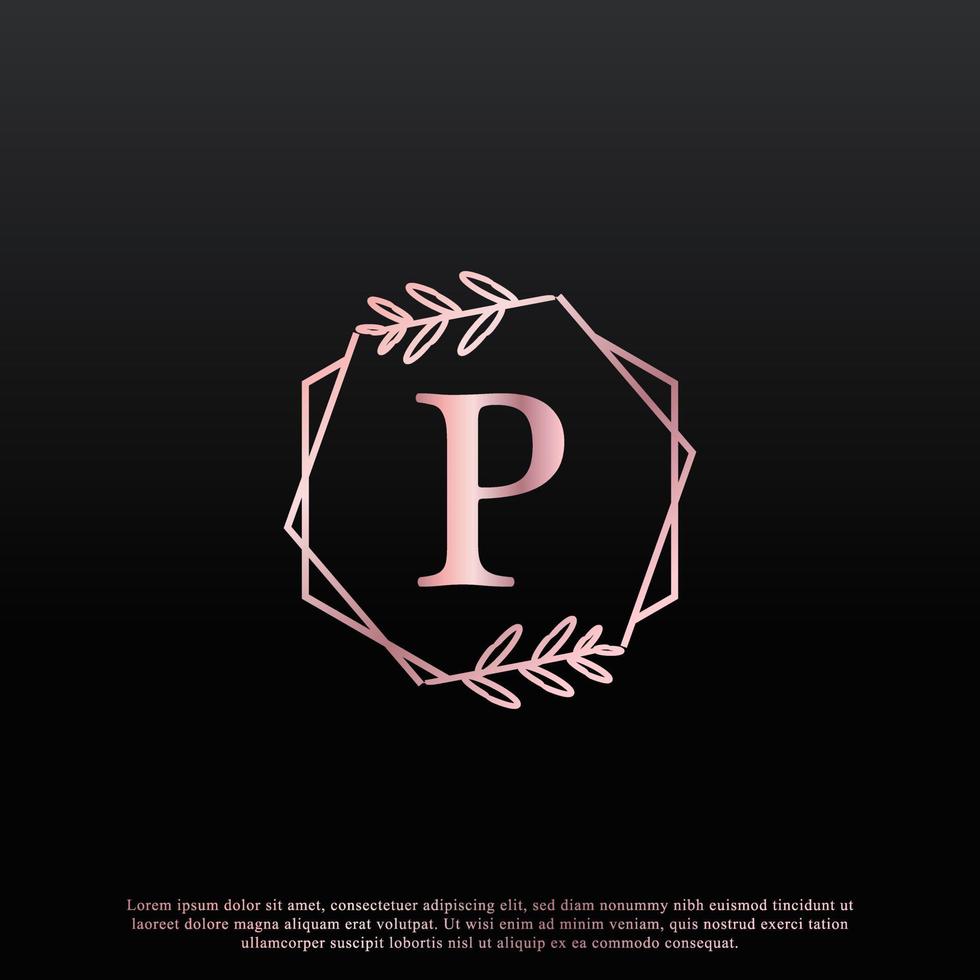 elegante logotipo floral do hexágono da letra p com linha de ramificação criativa do monograma da folha elegante e cor preta rosa. utilizável para logotipos de negócios, moda, cosméticos, spa, ciência, medicina e natureza. vetor