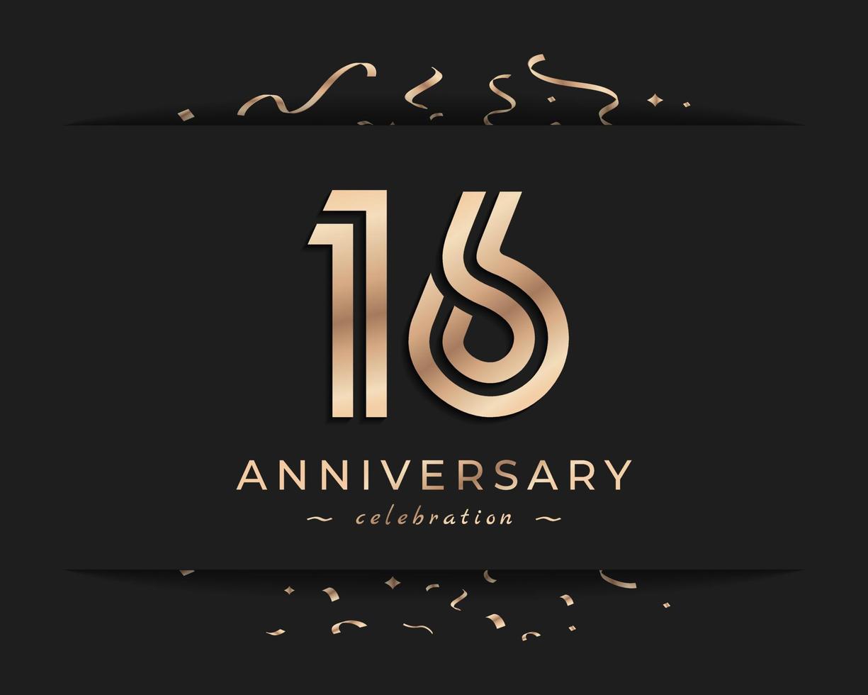 Design de estilo de logotipo de comemoração de aniversário de 16 anos. saudação de feliz aniversário celebra evento com linha múltipla dourada e confetes isolados na ilustração de design de fundo escuro vetor