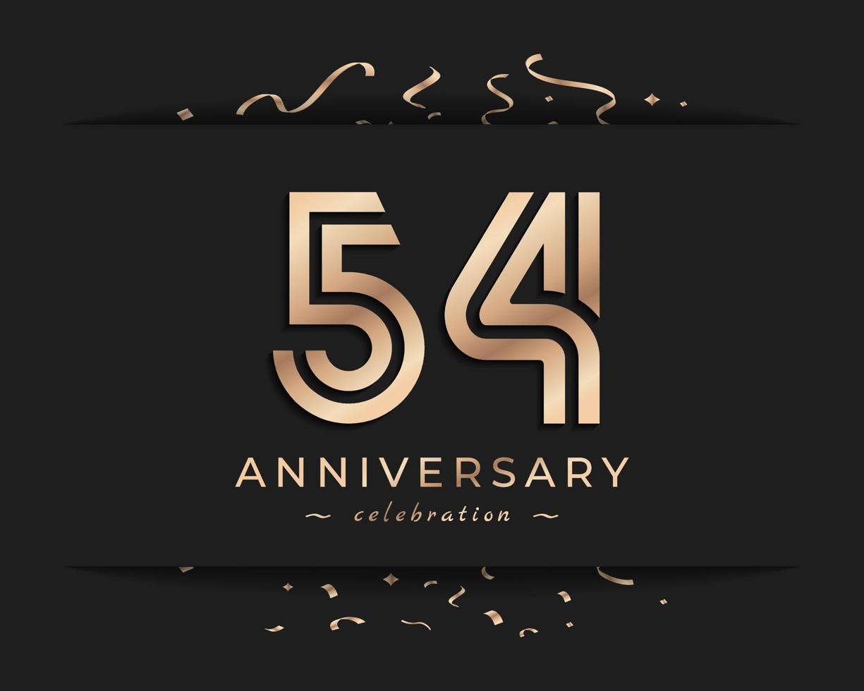 Design de estilo de logotipo de comemoração de aniversário de 54 anos. saudação de feliz aniversário celebra evento com linha múltipla dourada e confetes isolados na ilustração de design de fundo escuro vetor