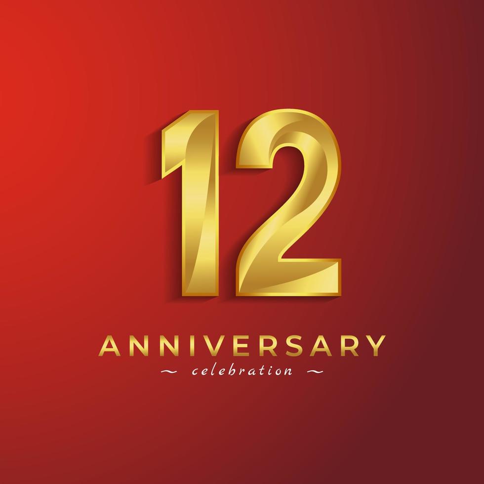Celebração de aniversário de 12 anos com cor brilhante dourada para evento de celebração, casamento, cartão de felicitações e cartão de convite isolado em fundo vermelho vetor
