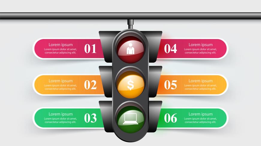 Infográfico de semáforo. Seis itens. vetor