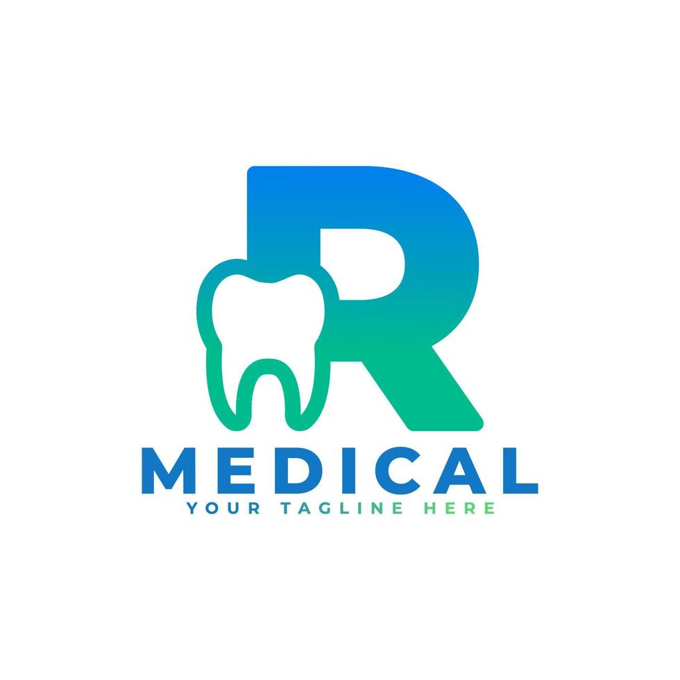 logotipo da clínica odontológica. letra inicial de forma azul r ligada ao símbolo do dente dentro. utilizável para dentista, atendimento odontológico e logotipos médicos. elemento de modelo de idéias de design de logotipo de vetor plano.