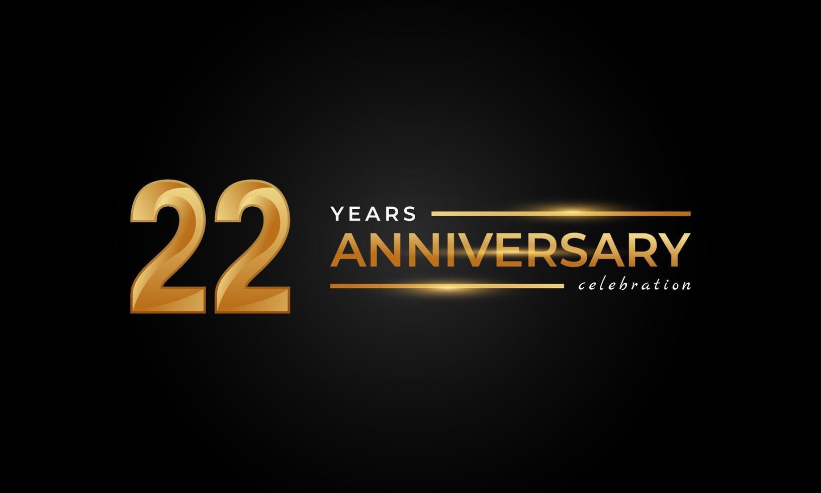 Celebração de aniversário de 22 anos com cor dourada e prata brilhante para evento de celebração, casamento, cartão de felicitações e convite isolado em fundo preto vetor