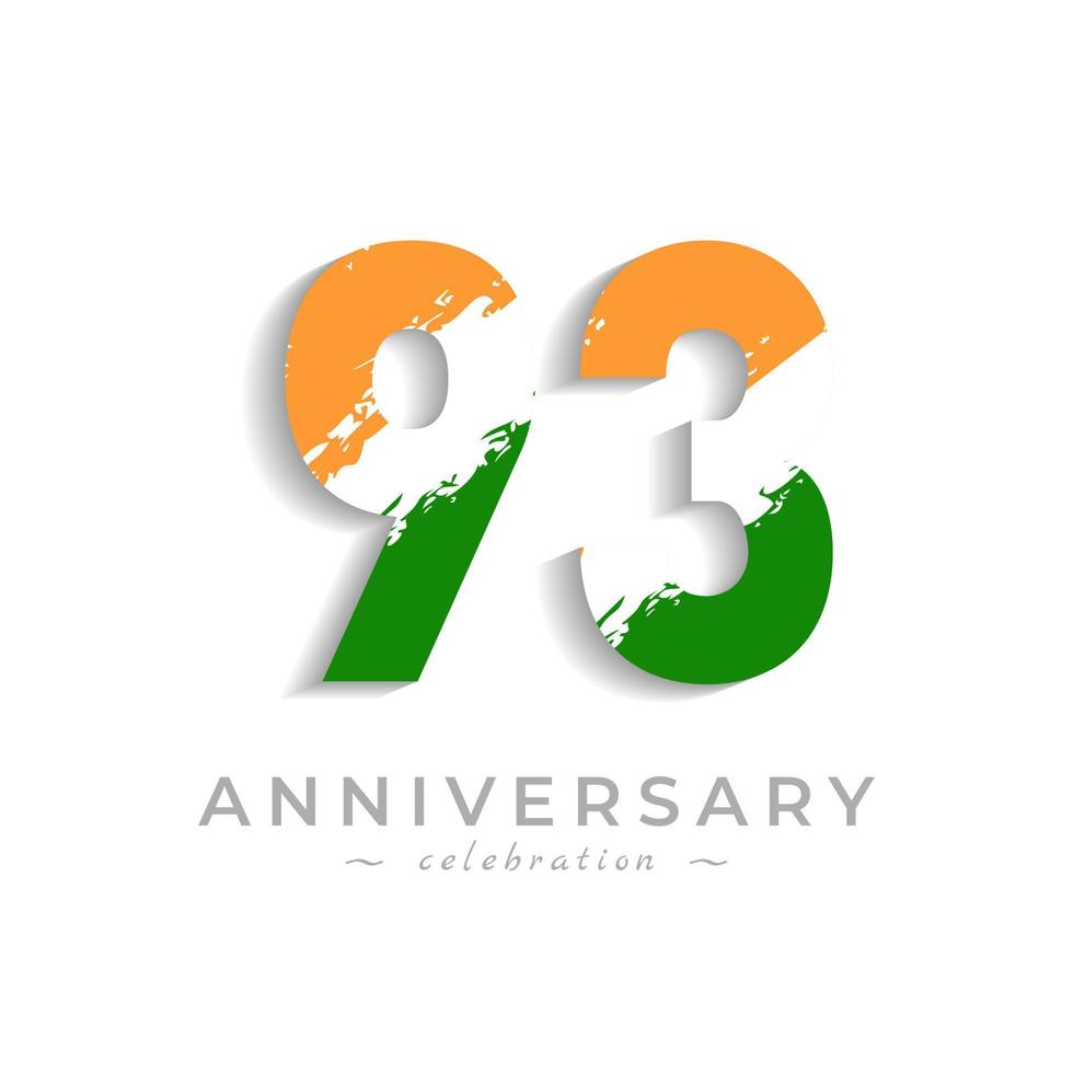 Celebração de aniversário de 93 anos com pincel branco barra em açafrão amarelo e cor verde da bandeira indiana. saudação de feliz aniversário celebra evento isolado no fundo branco vetor