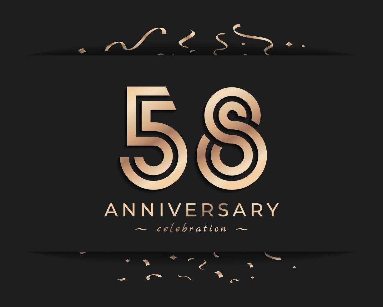 Design de estilo de logotipo de comemoração de aniversário de 58 anos. saudação de feliz aniversário celebra evento com linha múltipla dourada e confetes isolados na ilustração de design de fundo escuro vetor