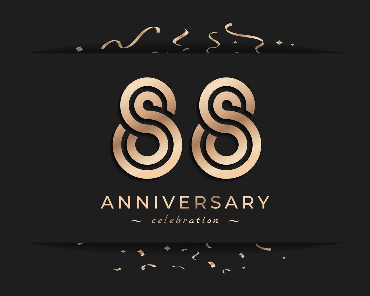 Design de estilo de logotipo de comemoração de aniversário de 88 anos. saudação de feliz aniversário celebra evento com linha múltipla dourada e confetes isolados na ilustração de design de fundo escuro vetor