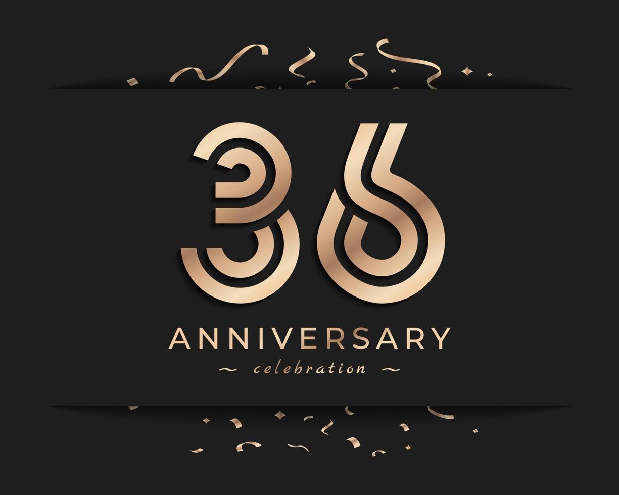 Design de estilo de logotipo de comemoração de aniversário de 36 anos. saudação de feliz aniversário celebra evento com linha múltipla dourada e confetes isolados na ilustração de design de fundo escuro vetor