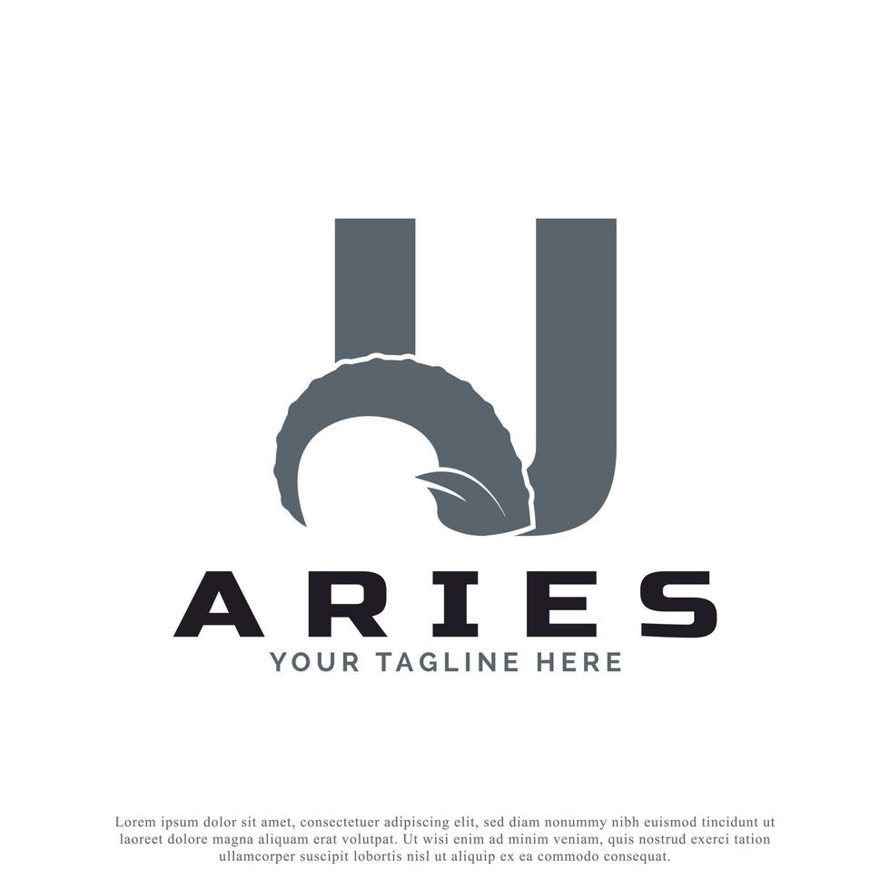 letra inicial u com chifre de carneiro de cabra para inspiração de design de logotipo de Áries. modelo de elemento de logotipo animal vetor