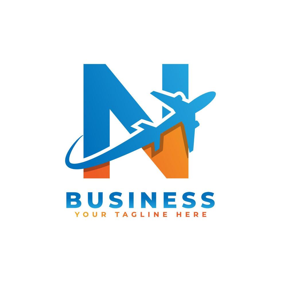 letra n com design de logotipo de avião. adequado para turismo e viagens, start up, logística, modelo de logotipo de negócios vetor