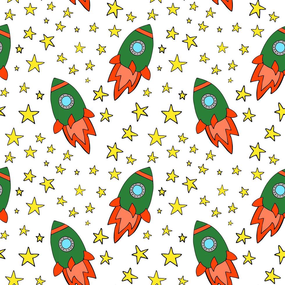 espaço planetas asteróides foguete ufo meteorito estrela céu noturno. padrão sem emenda de vetor. voo de viagem espacial. ilustração em estilo doodle. para impressão em tecido de papel mídia social post web banner vetor