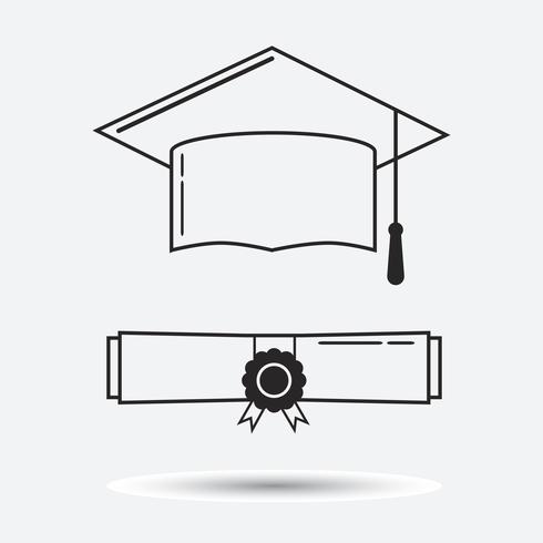 Chapéu de formatura e certificado de graduação ícone linear vetor