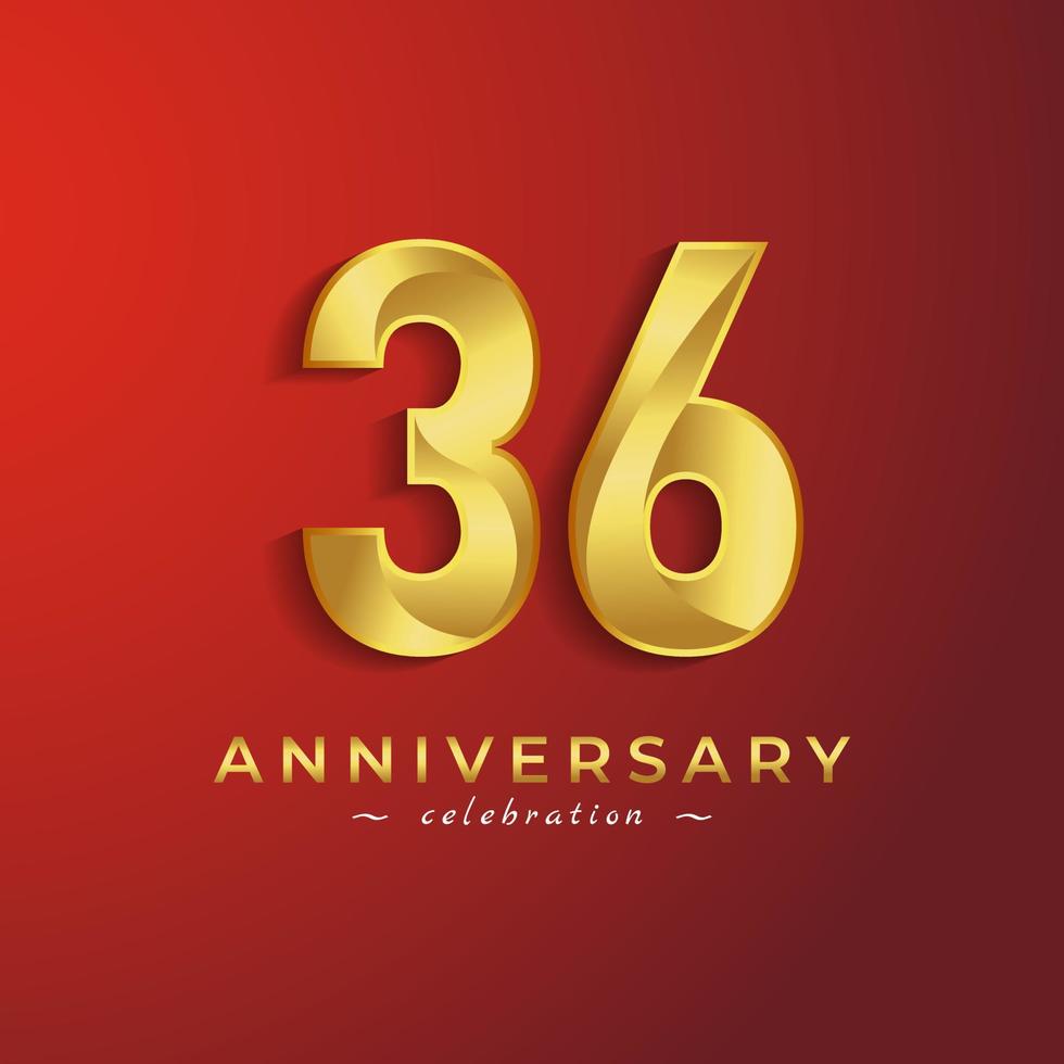 Celebração de aniversário de 36 anos com cor dourada brilhante para evento de celebração, casamento, cartão de felicitações e cartão de convite isolado em fundo vermelho vetor