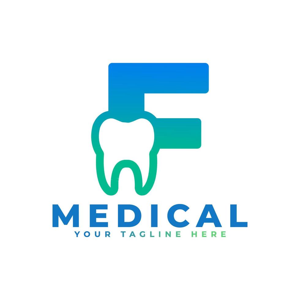 logotipo da clínica odontológica. letra inicial f de forma azul ligada ao símbolo do dente dentro. utilizável para dentista, atendimento odontológico e logotipos médicos. elemento de modelo de idéias de design de logotipo de vetor plano.