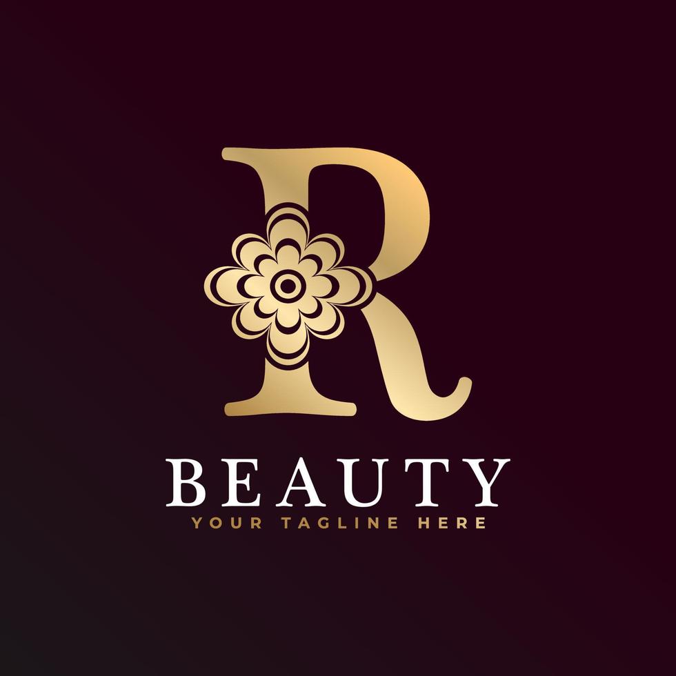 logotipo de luxo elegante r. logotipo do alfabeto floral dourado com folhas de flores. perfeito para moda, joias, salão de beleza, cosméticos, spa, boutique, casamento, carimbo de carta, logotipo de hotel e restaurante. vetor