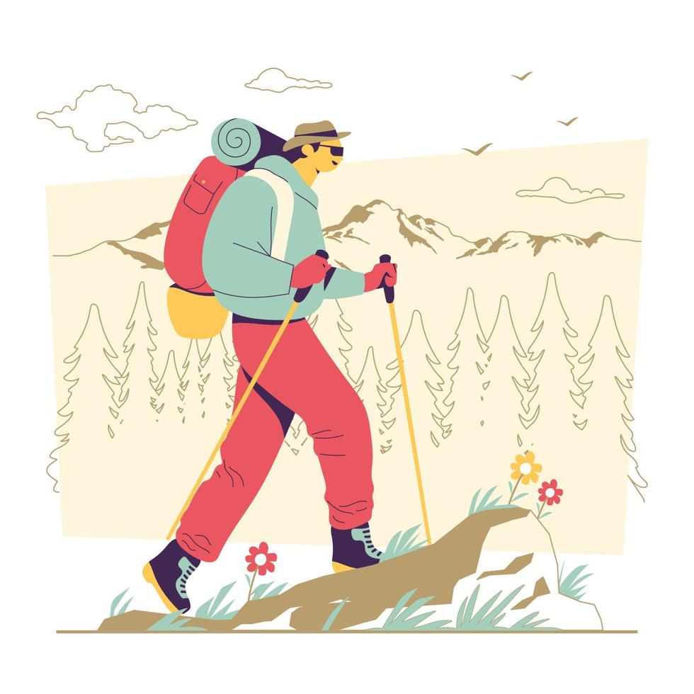 alpinista com mochila caminhando na montanha vetor