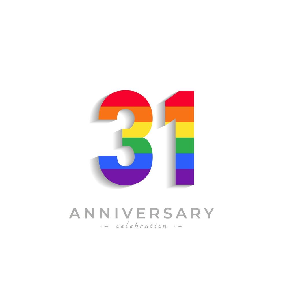 Celebração de aniversário de 31 anos com cor do arco-íris para evento de celebração, casamento, cartão de felicitações e convite isolado no fundo branco vetor