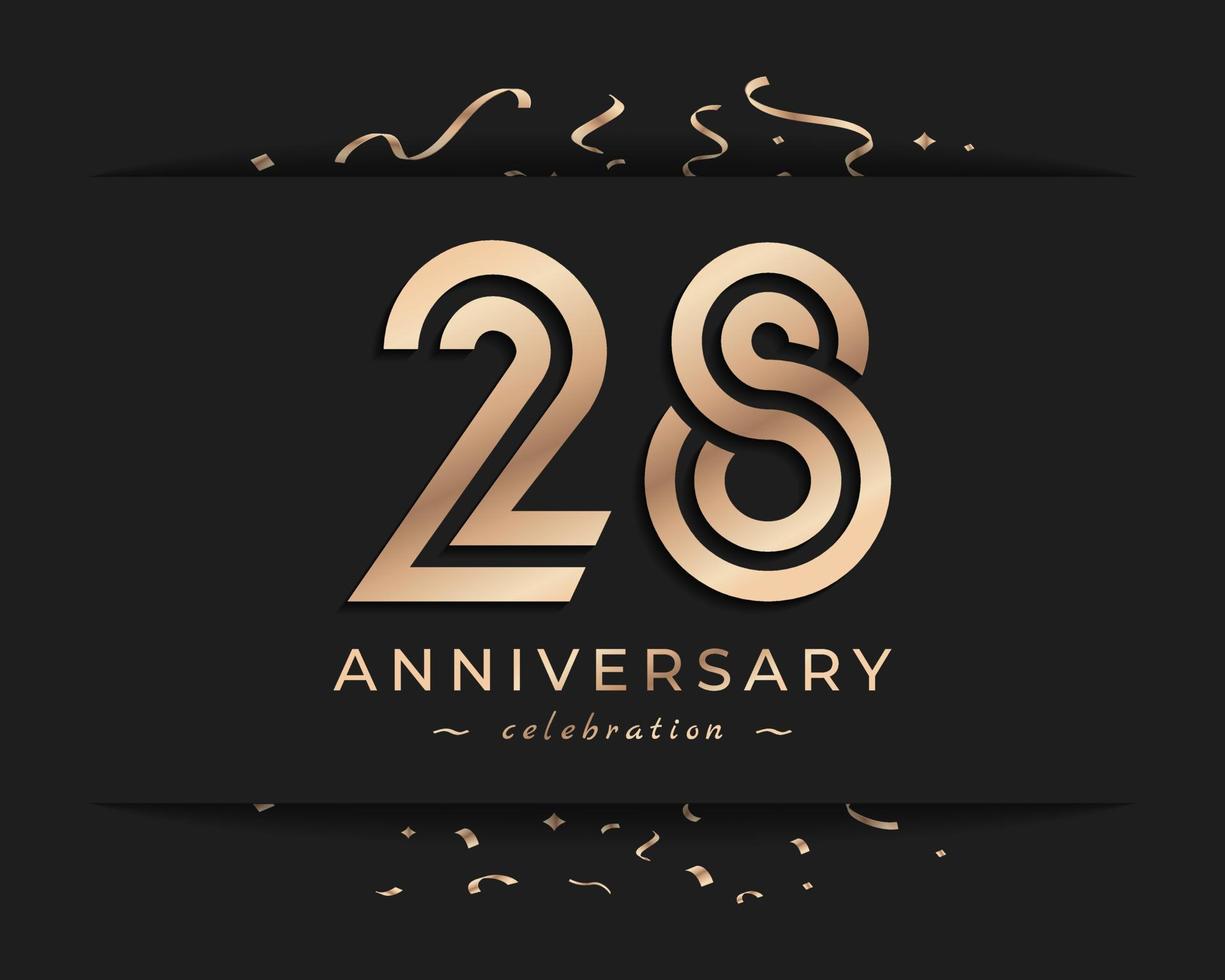 Design de estilo de logotipo de comemoração de aniversário de 28 anos. saudação de feliz aniversário celebra evento com linha múltipla dourada e confetes isolados na ilustração de design de fundo escuro vetor