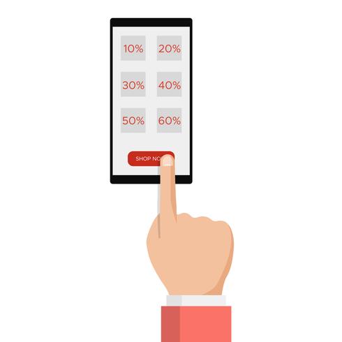E-commerce, e-commerce, venda de compras on-line, mão com smartphone, mensagem de etiqueta de desconto vetor