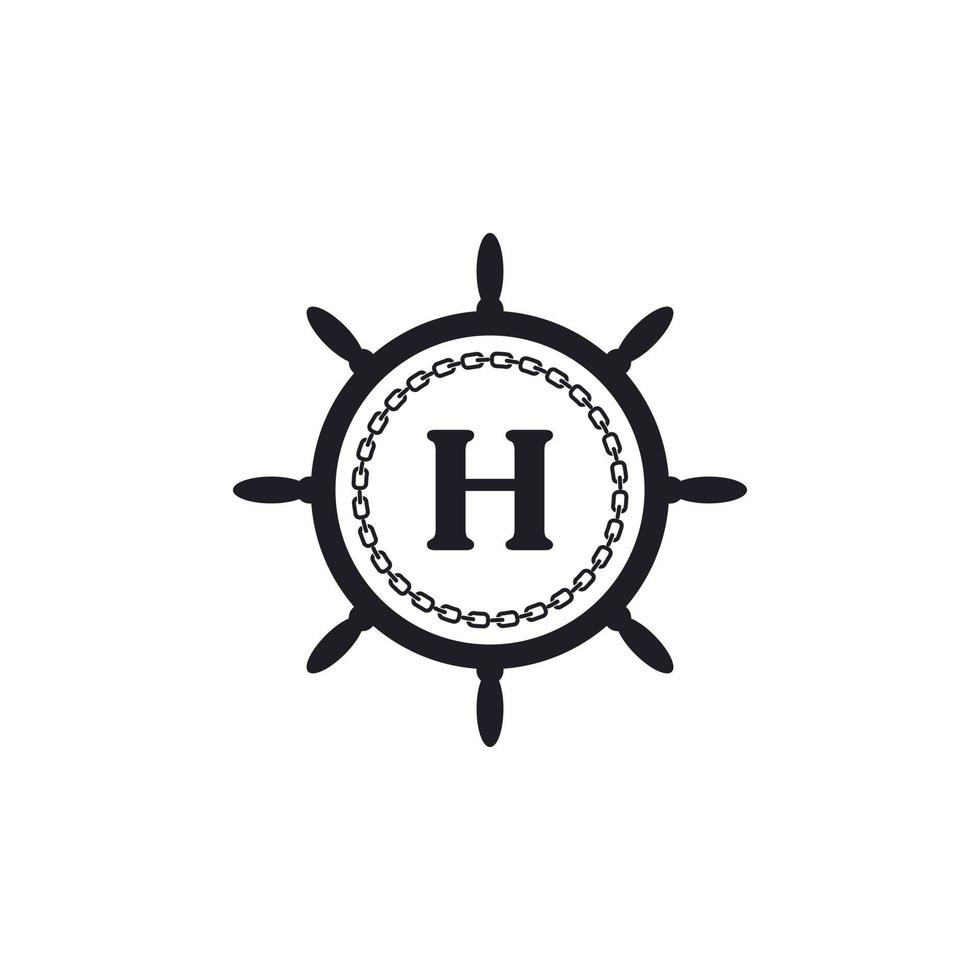 letra h dentro do volante do navio e ícone de corrente circular para inspiração de logotipo náutico vetor