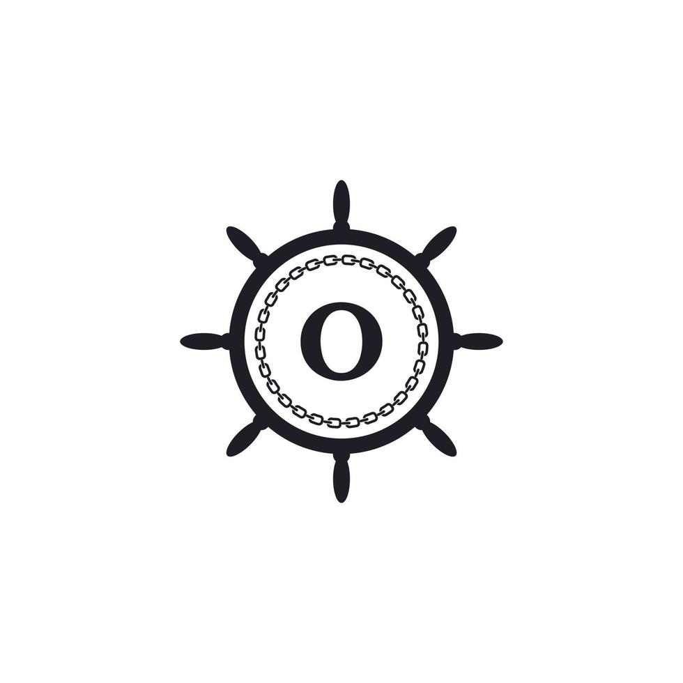letra o dentro do volante do navio e ícone de corrente circular para inspiração de logotipo náutico vetor