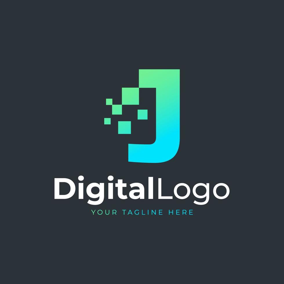 logotipo da letra j de tecnologia. forma geométrica azul e verde com pontos de pixel quadrado. utilizável para logotipos de negócios e tecnologia. elemento de modelo de ideias de design. vetor