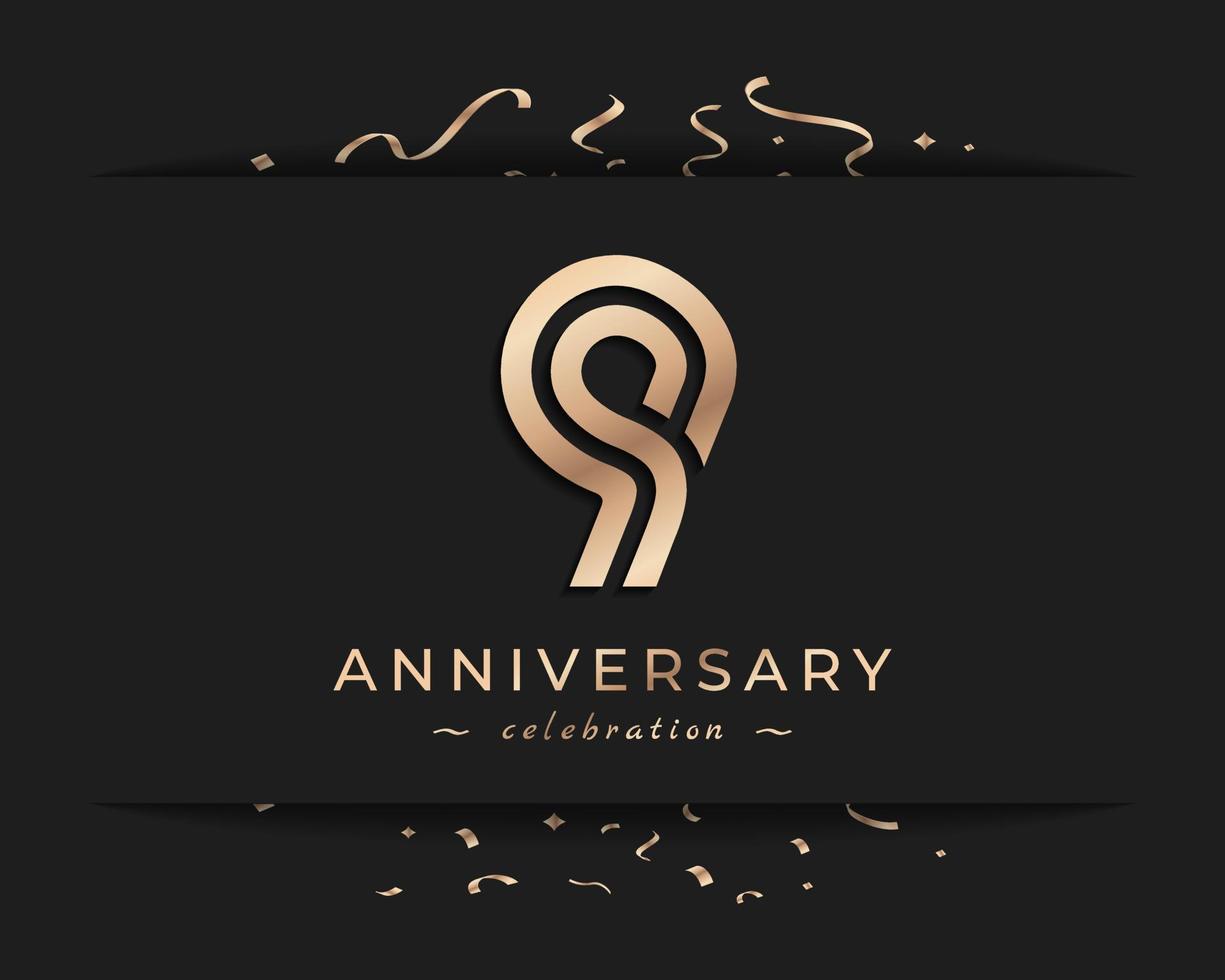 Design de estilo de logotipo de comemoração de aniversário de 9 anos. saudação de feliz aniversário celebra evento com linha múltipla dourada e confetes isolados na ilustração de design de fundo escuro vetor