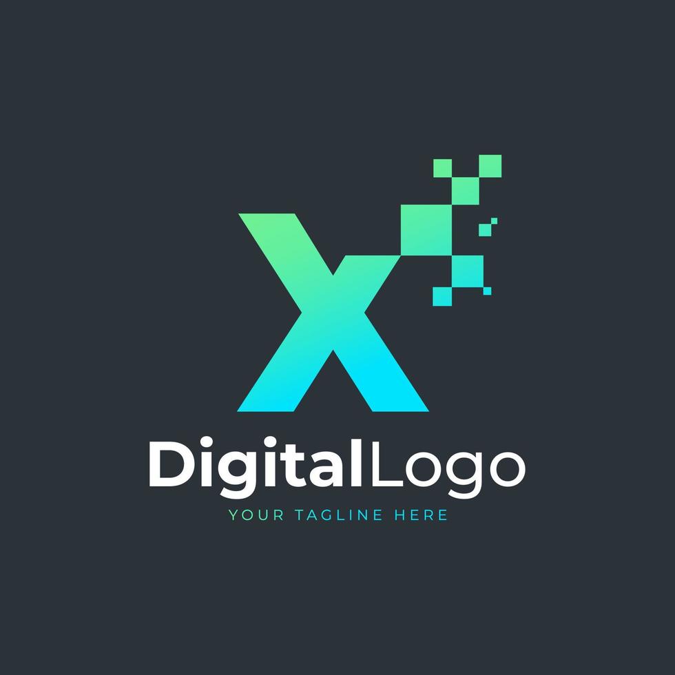 letra de tecnologia x logotipo. forma geométrica azul e verde com pontos de pixel quadrado. utilizável para logotipos de negócios e tecnologia. elemento de modelo de ideias de design. vetor