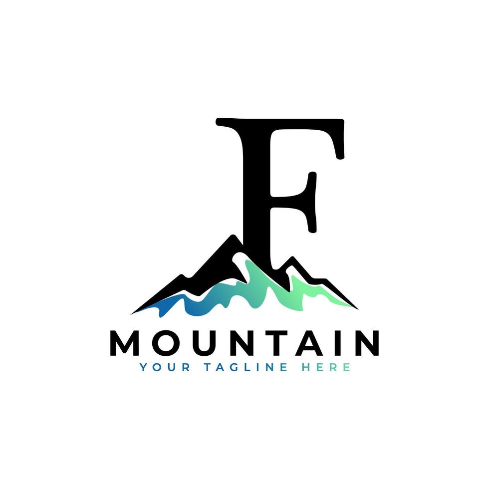 letra inicial f logotipo da montanha. explore o elemento de modelo de logotipo da empresa de símbolo de aventura de montanha. vetor